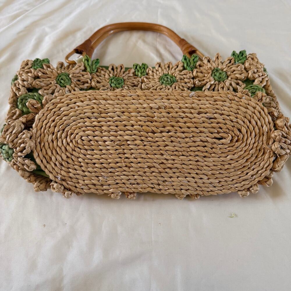 Vtg Y2K 2000s Woven Straw Flower Purse Boho Artsy - Picture 9 of 10